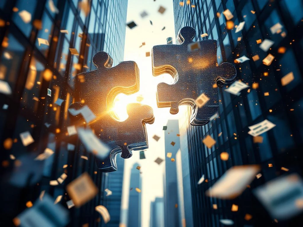 Twee kantoorgebouwen die naadloos samensmelten als puzzelstukjes, met vliegende documenten in gouden zonlicht