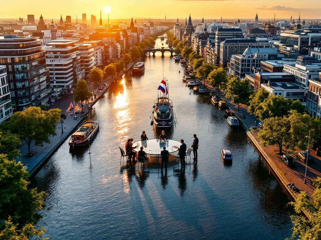 Aerial view of Amsterdam canal rings with Dutch flag, modern offices, historic buildings, and business meeting silhouettes at golden hour.