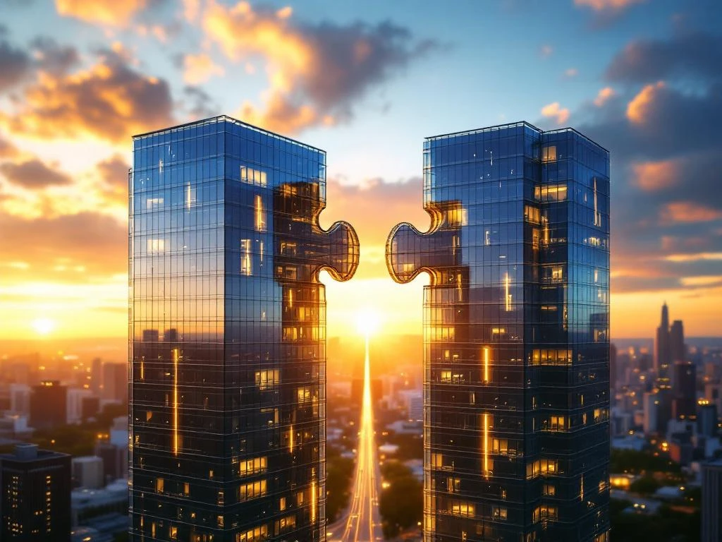 Twee moderne kantoorgebouwen als puzzelstukjes met gouden lichtbrug ertussen tijdens zonsondergang