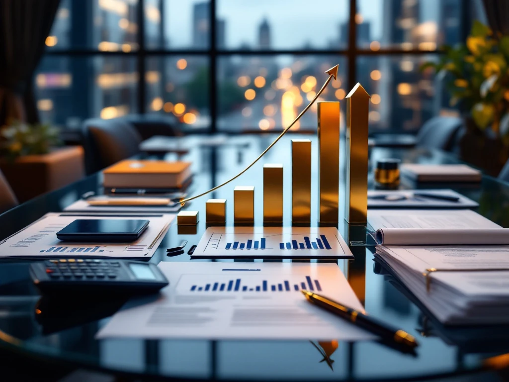 Aerial view of glass conference table with upward trending financial charts, calculator, and contracts overlooking Amsterdam cityscape