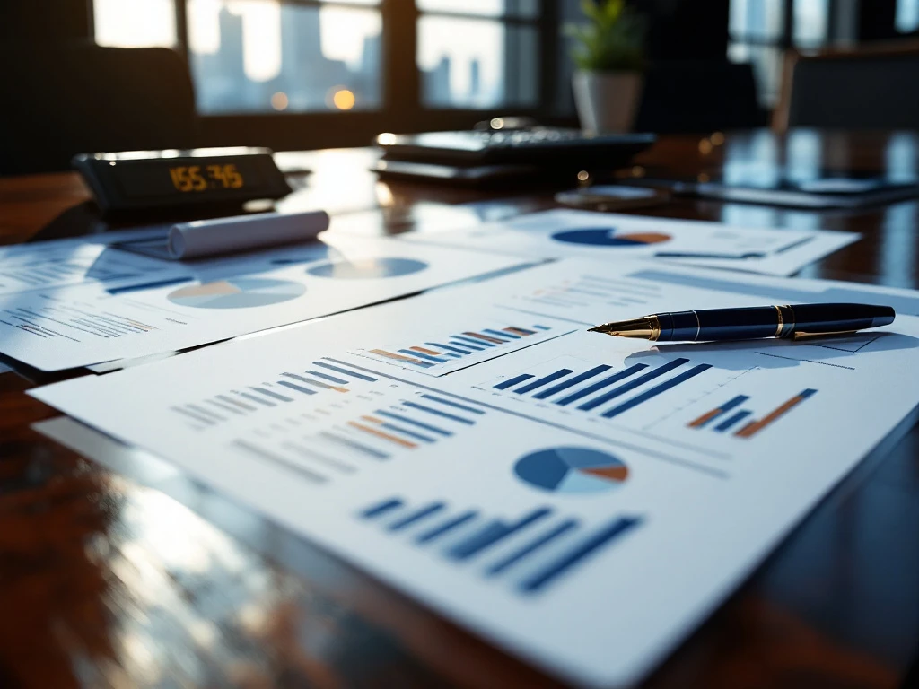 Financial documents and cash flow charts on mahogany desk with calculator, pen, and bank buildings visible through windows