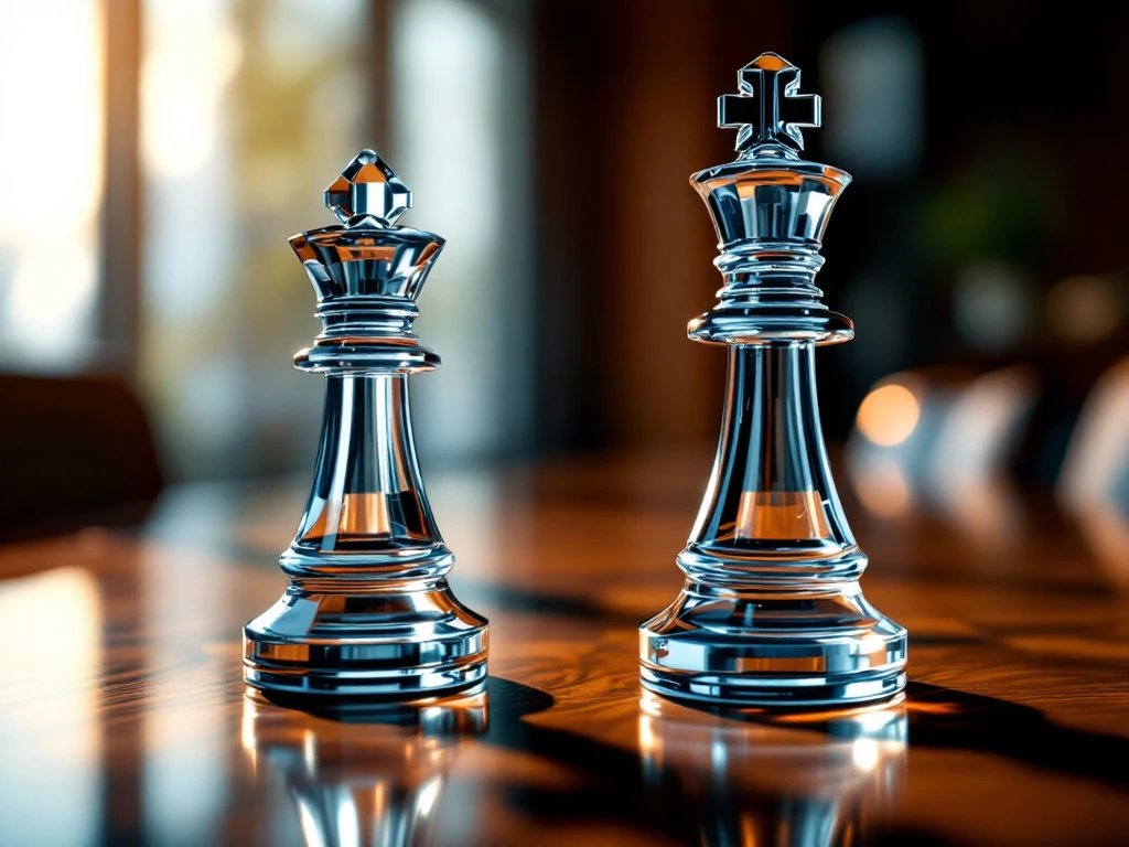 Glazen schaakstukken koning en koningin op mahoniehout vergadertafel symboliseren bedrijfsfusie in modern kantoor