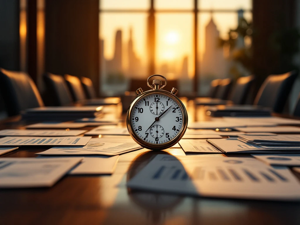 Stopwatch op bestuurstafel met financiële documenten en grafieken, gouden uurtje verlichting door ramen met stadsgezicht