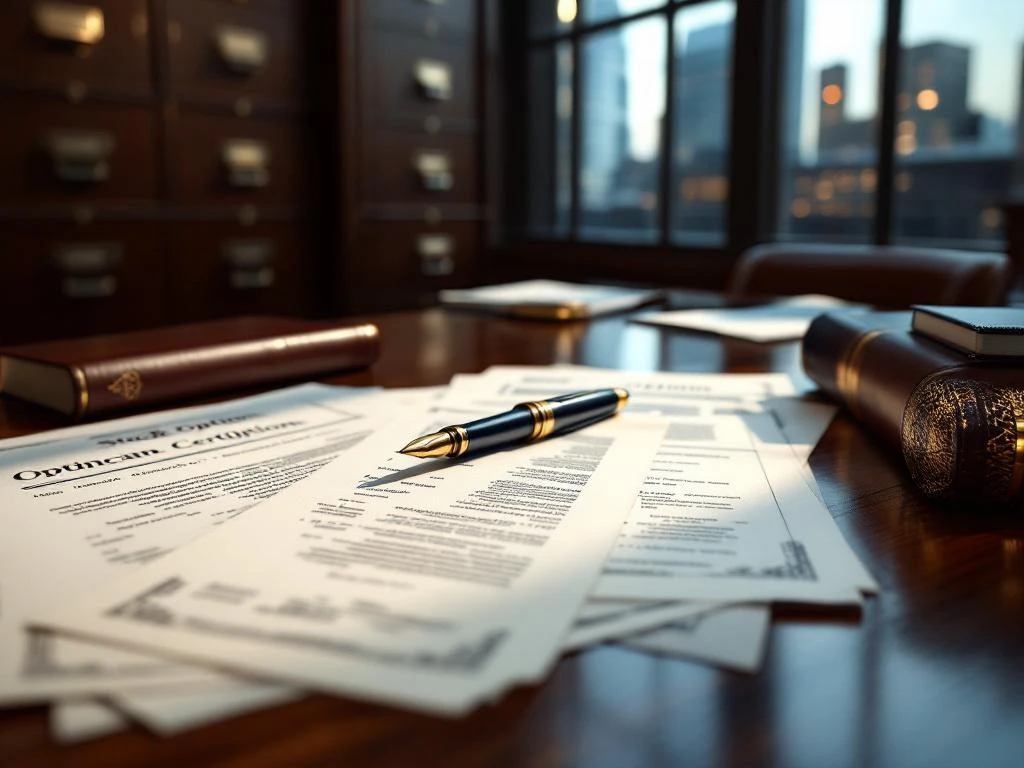 Aandelenoptiecertificaten en juridische documenten op mahonie bureau met vulpen, gouden verlichting en kantoorgebouwen op achtergrond