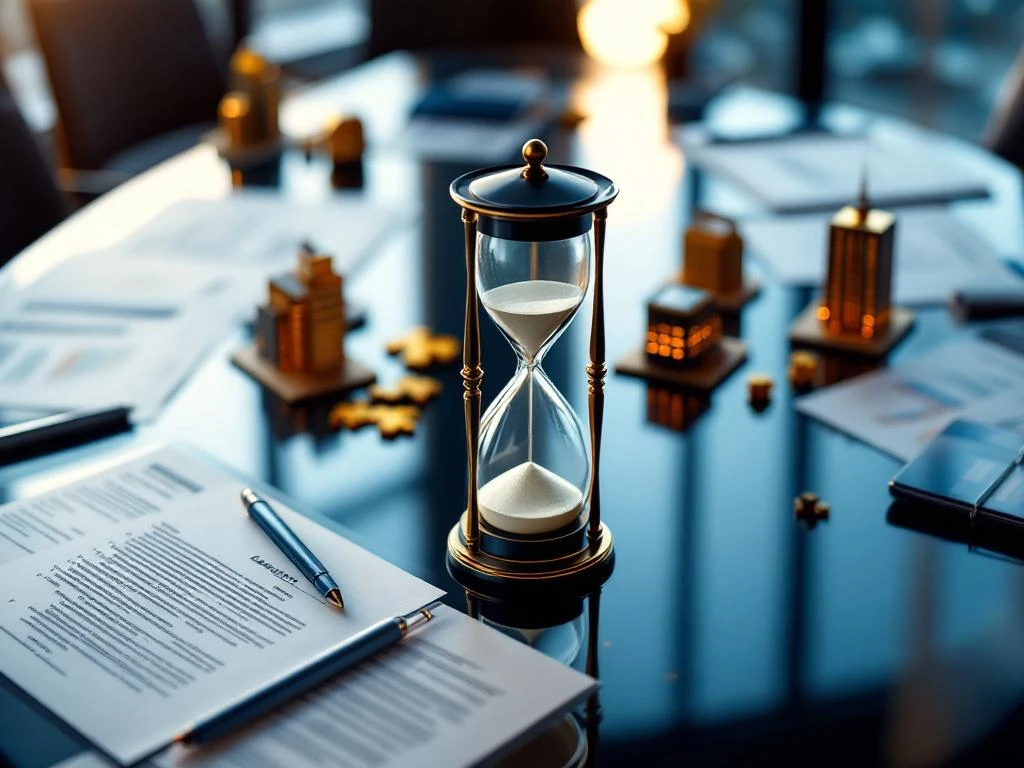 Zandloper op bestuurstafel omringd door bedrijfsdocumenten, financiële grafieken en gouden puzzelstukjes