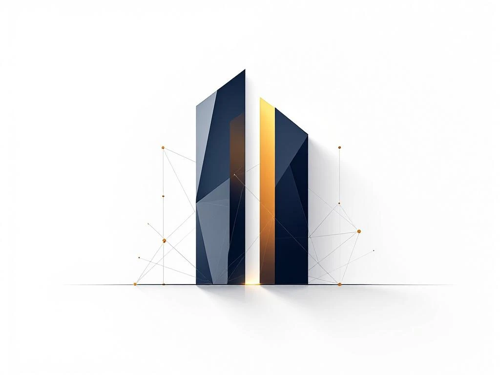 Twee geometrische gebouwsilhouetten in marineblauw en goud die samensmelten, verbonden door dunne lijnen op witte achtergrond