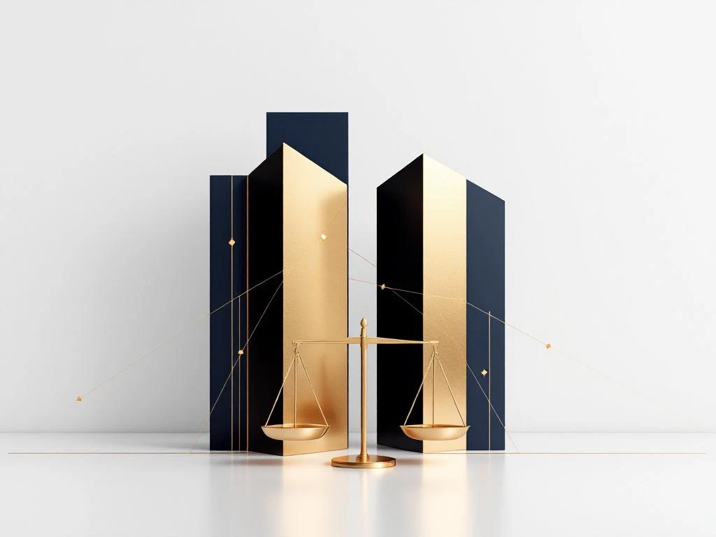 Twee geometrische gebouwsilhouetten fuseren tot één structuur in marineblauw en goud met weegschaal op voorgrond