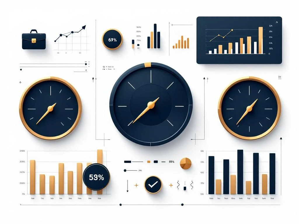 Minimalistische dashboard met KPI-meters, datavisualisatie grafieken in marineblauw en goud, zakelijke pictogrammen