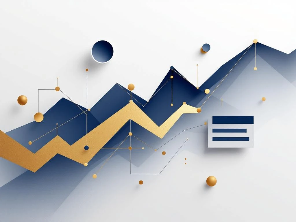 Minimalistische datavisualisatie met geometrische grafieken in marineblauw en goud, professionele analytische elementen