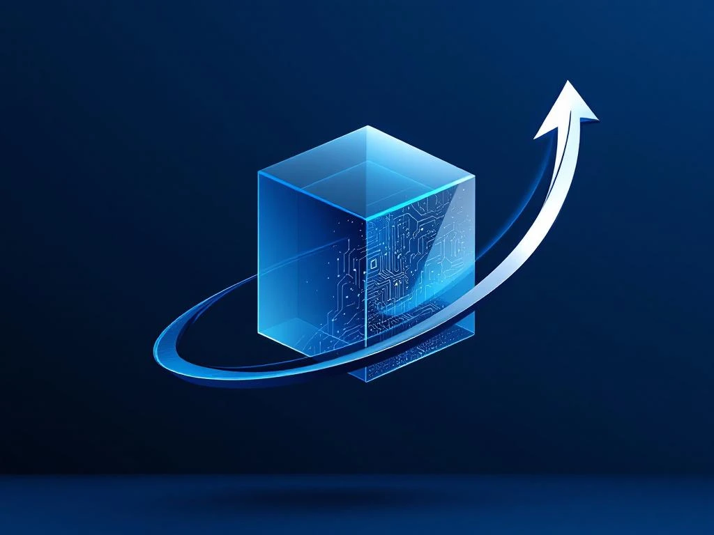 Glazen kubus met circuitpatroon en opwaartse pijl in minimalistische blauwe en zilveren compositie voor digitale transformatie