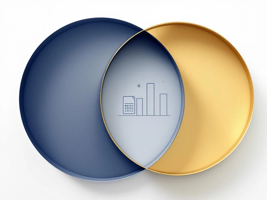 Minimalistische financiële consultatie illustratie met navy en gouden cirkels, grafieken en calculator iconen op wit