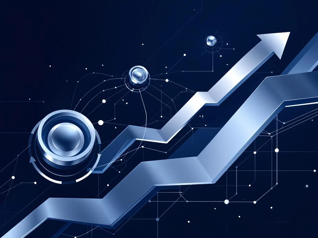 Geometrische cashflow visualisatie met stijgende pijlen en verbonden knooppunten in marineblauw en zilver tinten