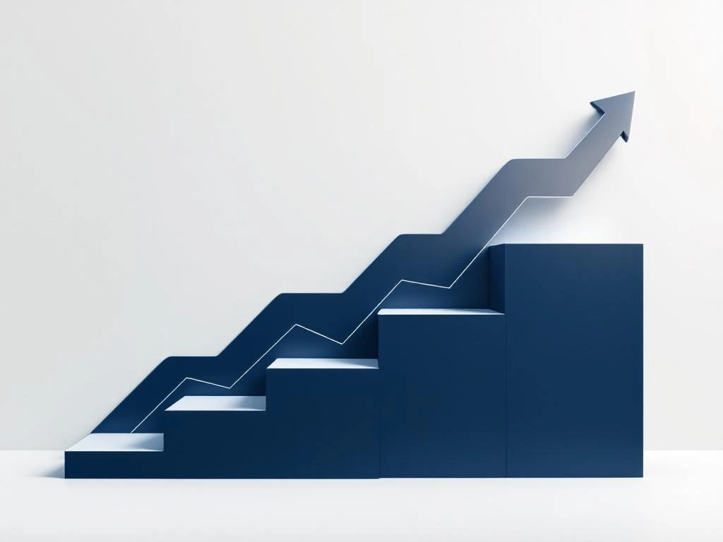 SaaS dashboard met oplopende groeigrafiek in marineblauw en zilver, toont financiële voortgang en strategische analyse