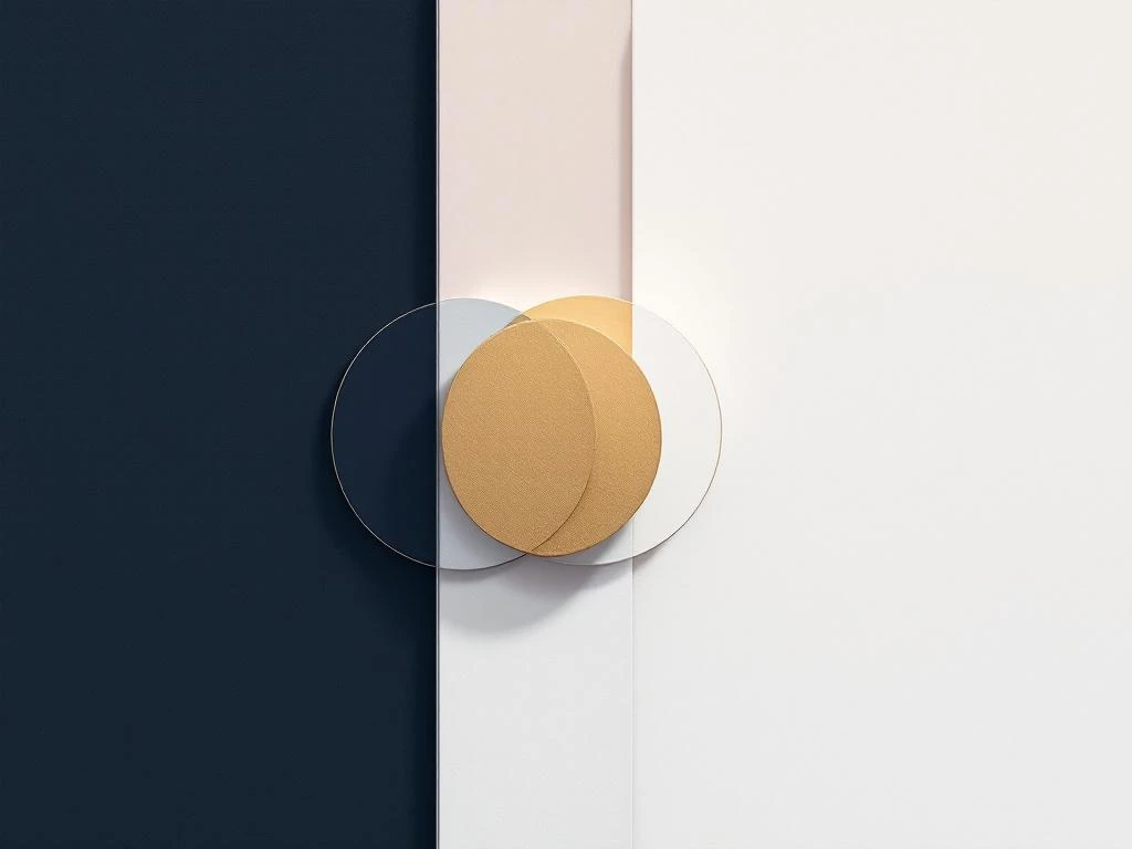 Twee onderling verbonden geometrische cirkels in marineblauw en goud die bedrijfsfusie symboliseren op grijze achtergrond