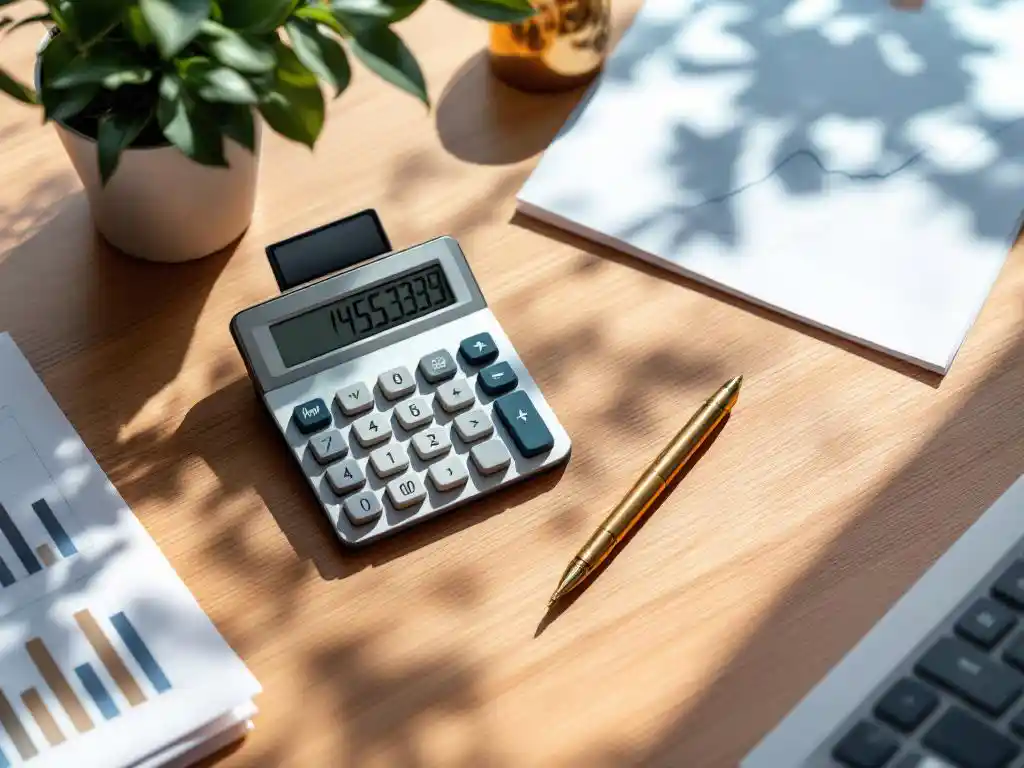 Houten bureau met rekenmachine, financiële documenten en stijgende grafiek voor bedrijfswaardering