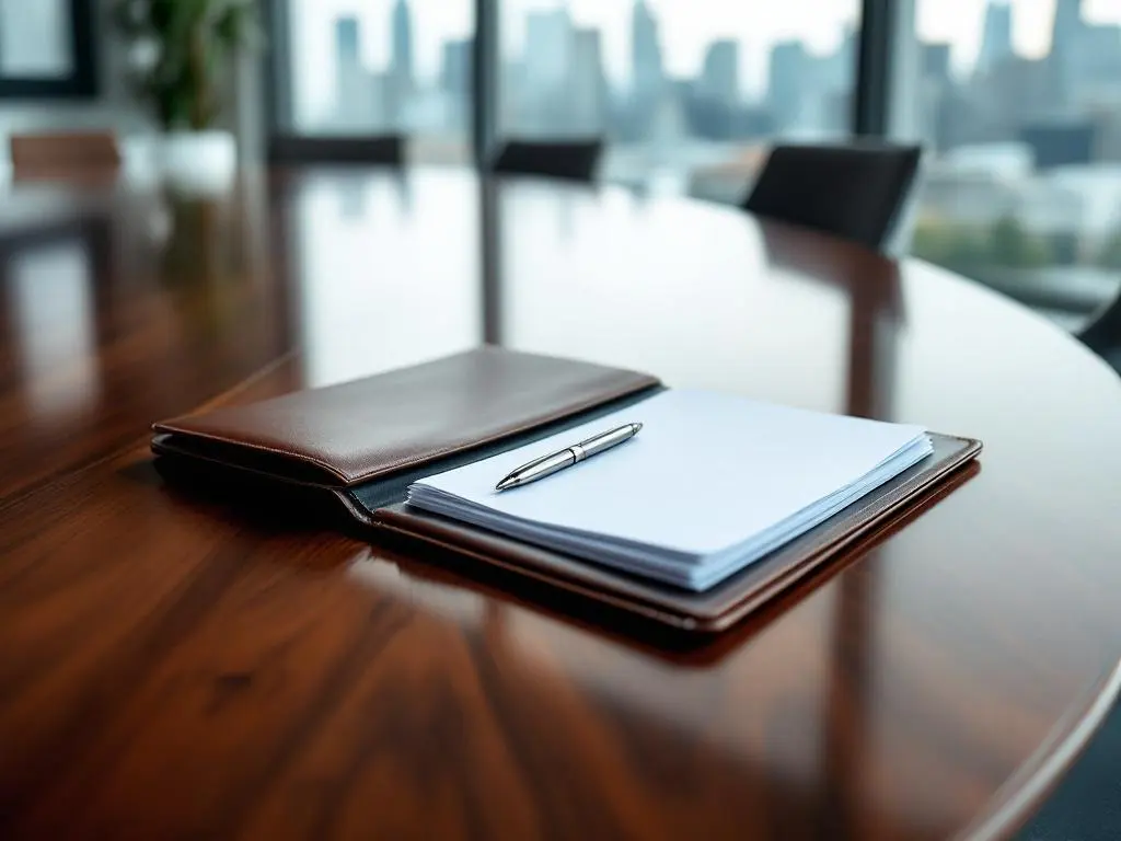 Open leren portfolio met financiële documenten en zilveren pen op mahonie vergadertafel in moderne boardroom