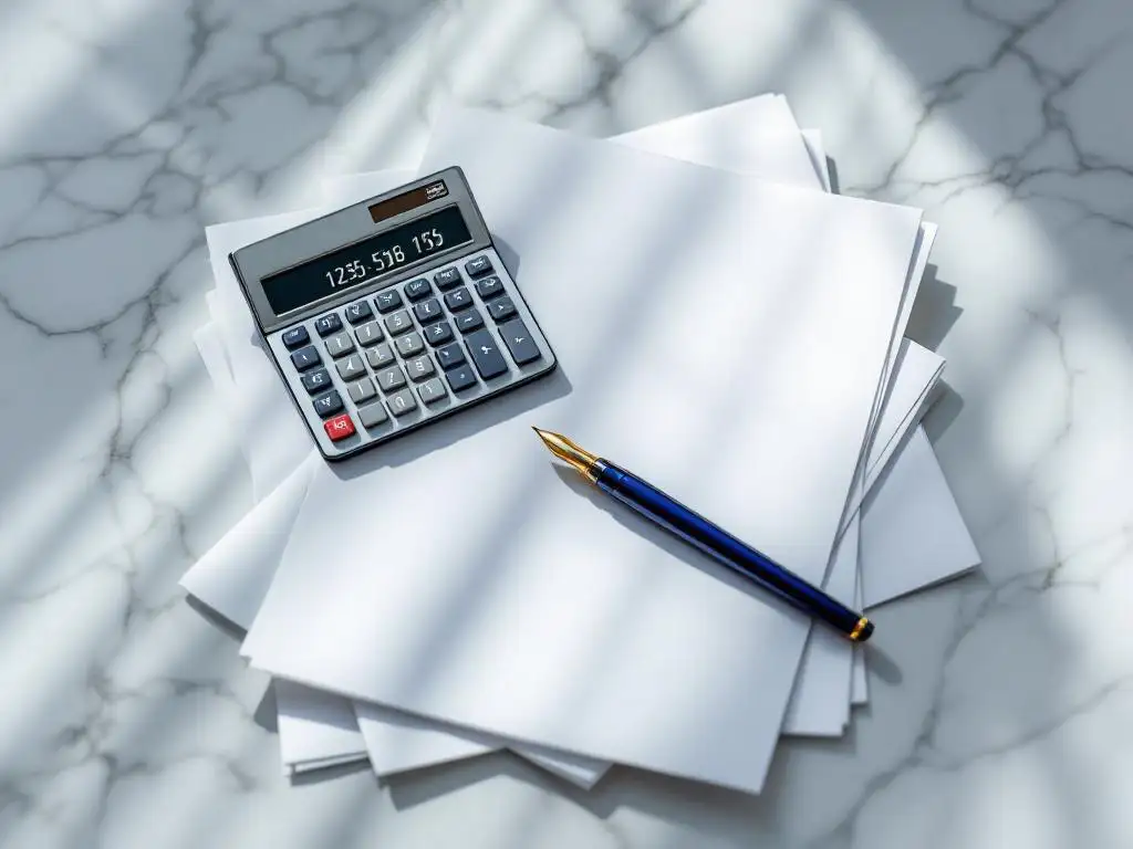 Moderne rekenmachine op stapel bankleningdocumenten met vulpen op wit marmeren bureau