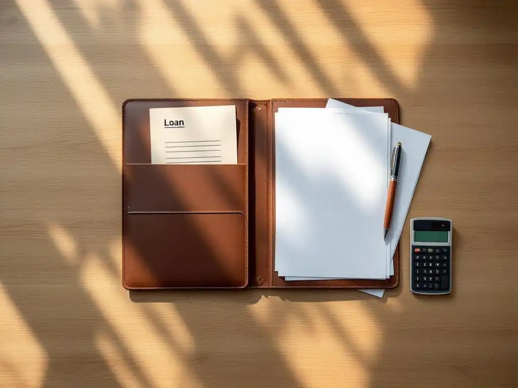 Houten bureau met opengevouwen leren portfolio vol financiële documenten, rekenmachine en vulpen in natuurlijk licht