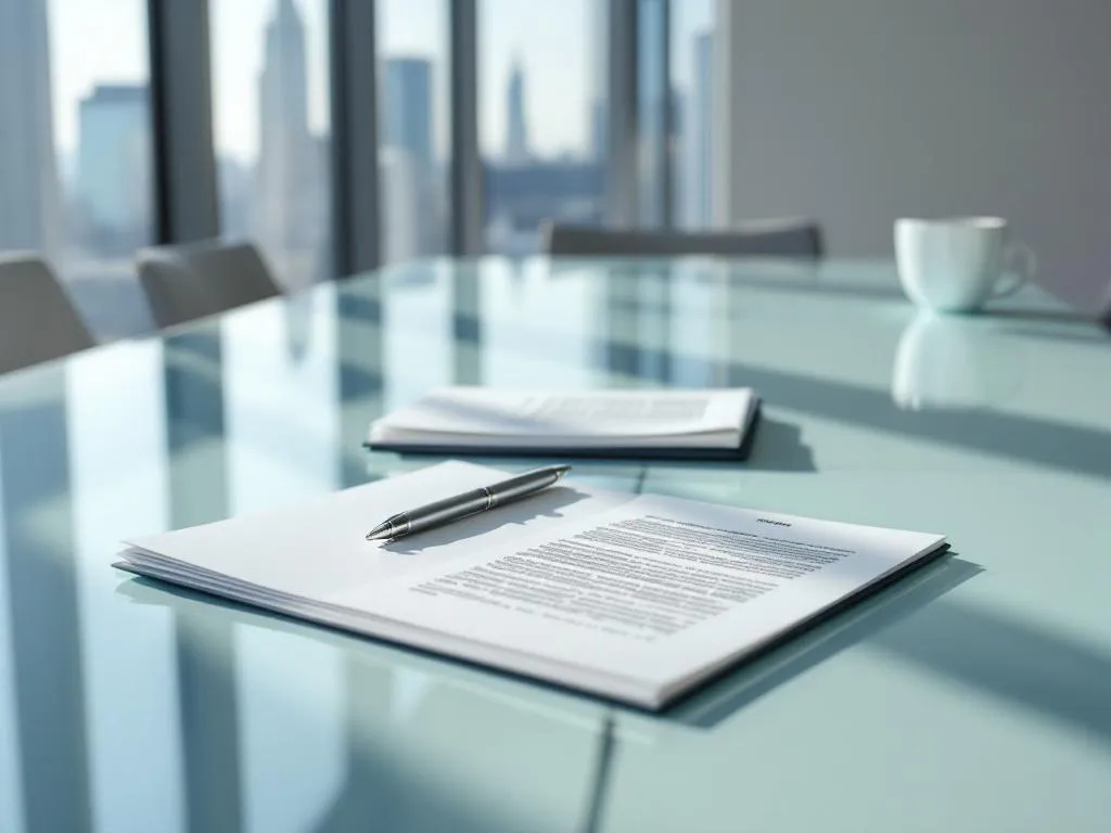 Glazen vergadertafel met documenten mappen en pen, kantooromgeving met stadsgezicht op achtergrond