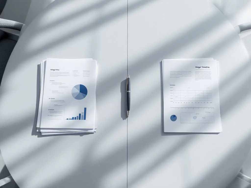 Vergadertafel met organisatieschema's en fusiedocumenten aan beide uiteinden, pen in het midden, natuurlijk licht