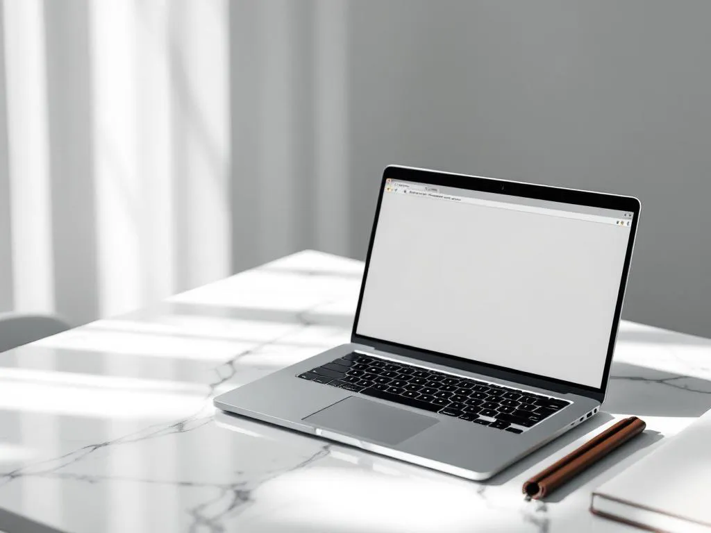 Moderne laptop met digitale mappen op wit marmeren bureau naast leren portfolio in natuurlijk licht