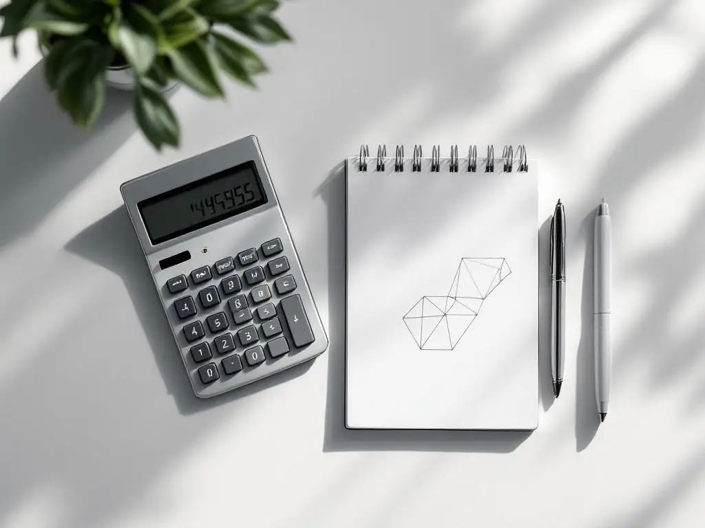 Digitale rekenmachine met pen en notitieblok op wit bureau, bovenaanzicht met minimalistische geometrische schetsen