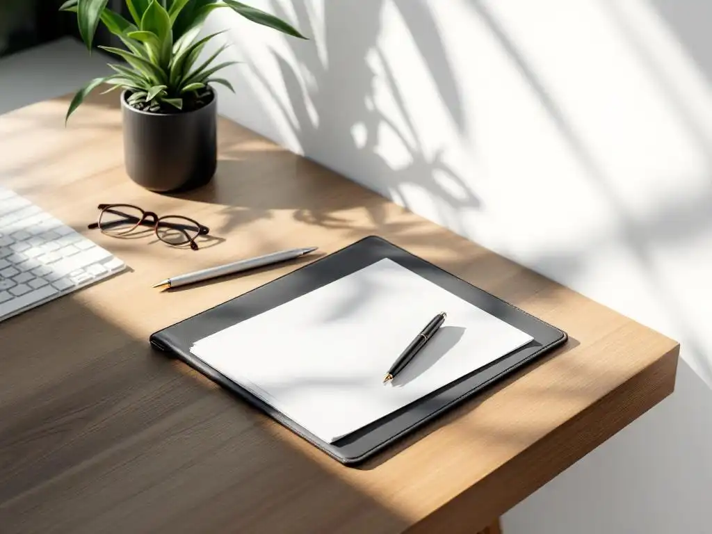 Houten bureau met leren portfolio, zakelijke documenten, vulpen en kleine vetplant in professionele werkruimte
