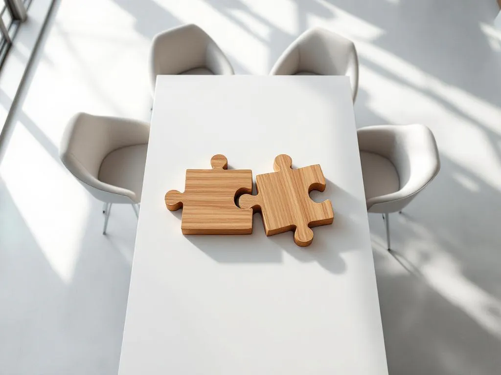 Twee houten puzzelstukken vormen een complete cirkel op witte vergadertafel in modern kantoor
