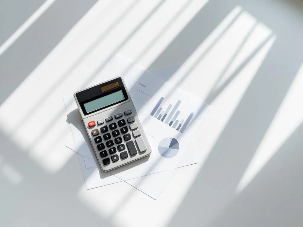 Moderne calculator op financieel rapport met grafieken op wit bureau, natuurlijk licht creëert geometrische schaduwen