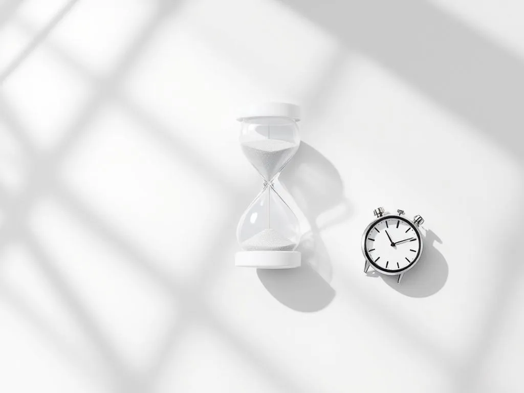Zandloper met doorlopend zand en stopwatch op wit bureau, minimalistische compositie met natuurlijk licht en schaduwen
