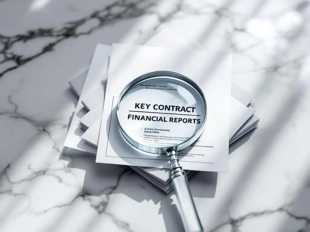 Vergrootglas op stapel bedrijfsdocumenten en financiële rapporten op marmeren bureau, focus op contractdetails