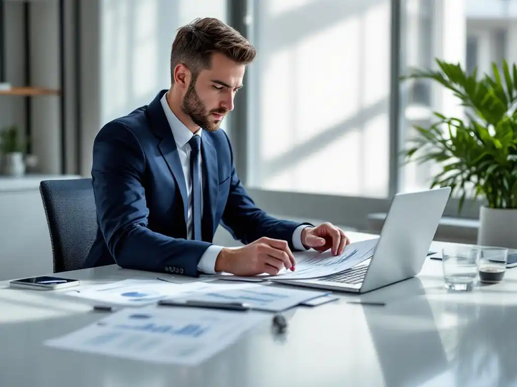 Zakelijke directeur in marineblauw pak bestudeert financiële documenten aan wit bureau met laptop met fusiegrafieken