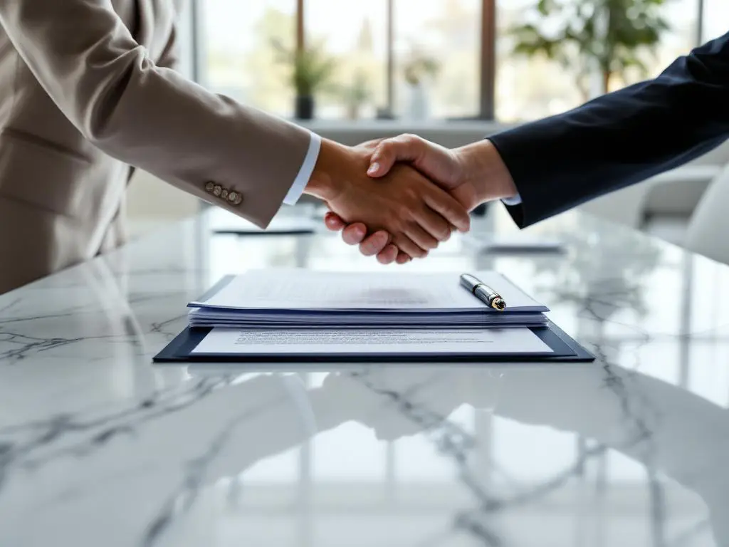 Twee zakenpartners schudden handen boven acquisitiedocumenten op marmeren vergadertafel in modern kantoor