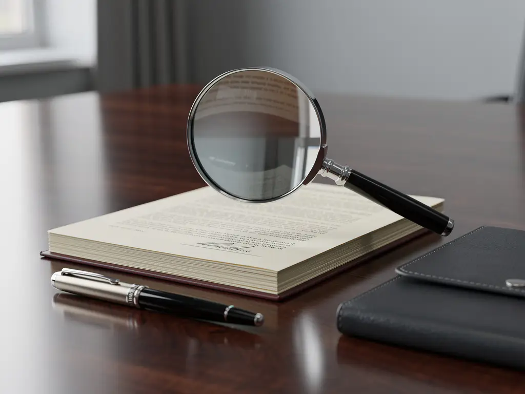 Vergrootglas boven stapel juridische documenten op mahonie conferentietafel met vulpen en leren portfolio