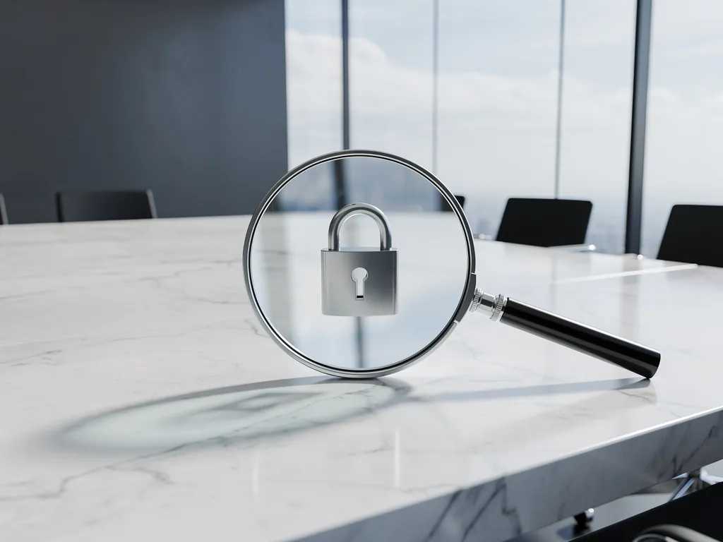 Vergrootglas onderzoekt digitaal slotpictogram op witte marmeren ondergrond in minimalistische kantooromgeving