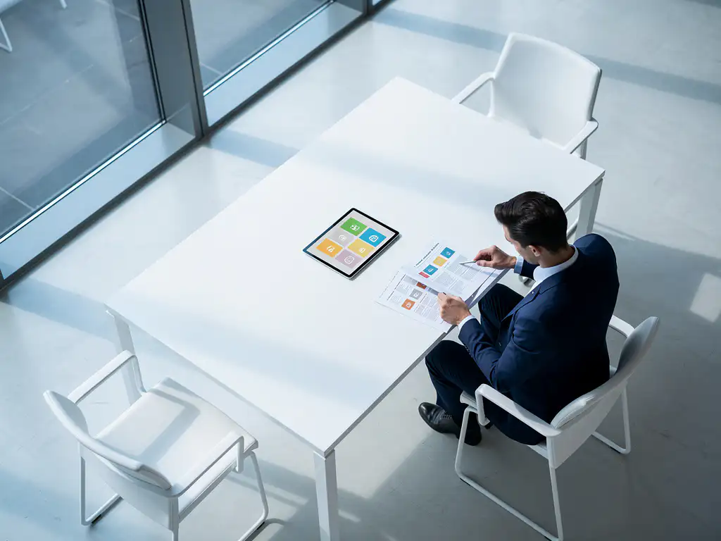Glazen vergaderruimte met professioneel geklede persoon die documenten bestudeert aan minimalistische tafel met tablet