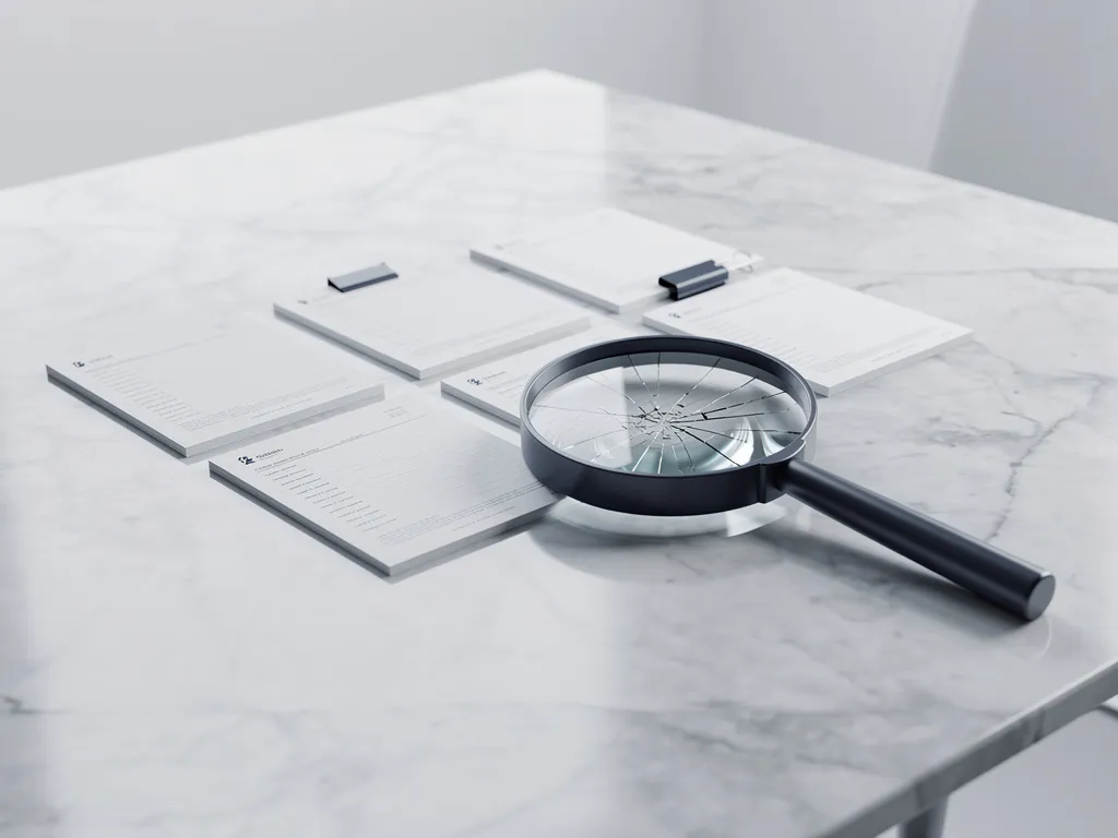 Vergrootglas toont verborgen scheuren in gepolijst marmer op witte vergadertafel met financiële documenten