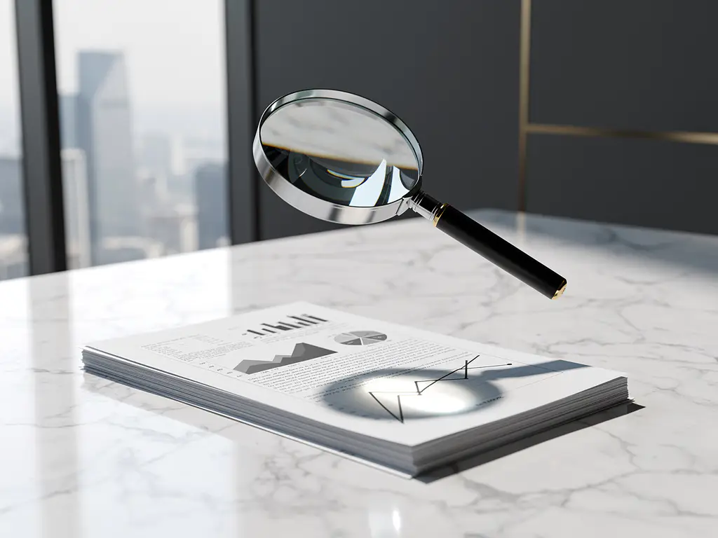 Vergrootglas boven stapel financiële documenten met grafieken op wit marmeren bureau in modern kantoor