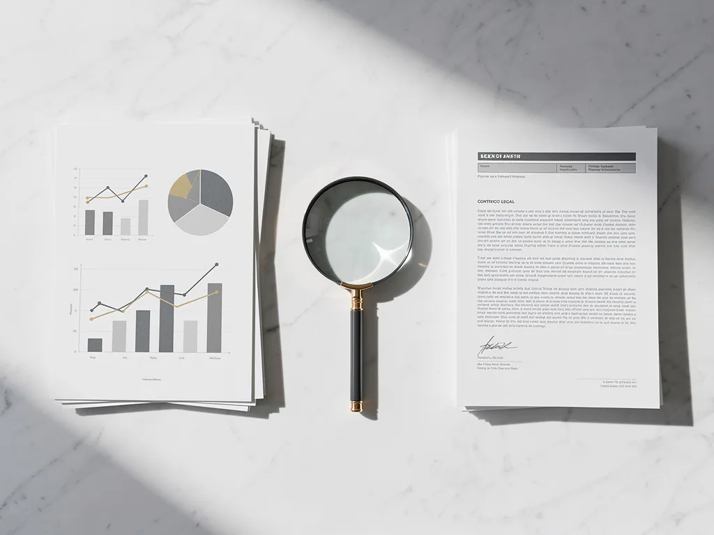 Vergrootglas onderzoekt stapels financiële documenten met grafieken en contracten op wit marmeren bureau