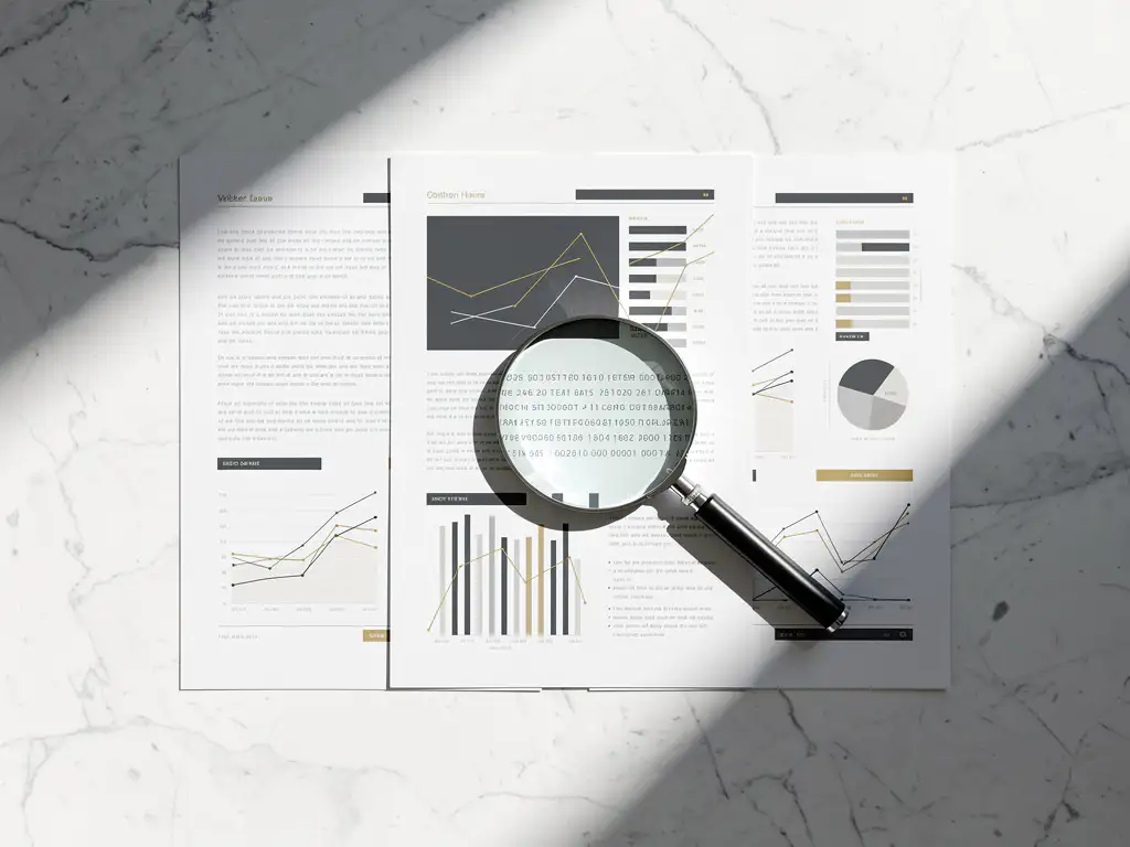 Vergrootglas onderzoekt financiële documenten op wit marmeren bureau met natuurlijk licht en geometrische schaduwen