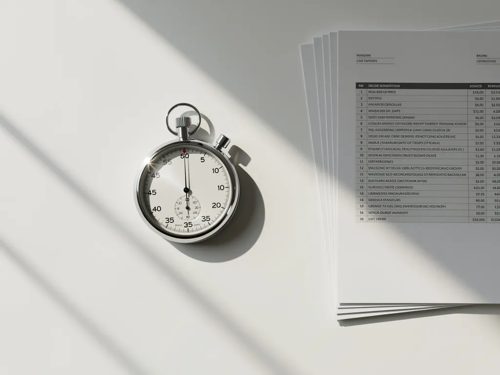 Chrome stopwatch op wit bureau naast stapel financiële documenten, bovenaanzicht met zachte schaduwen