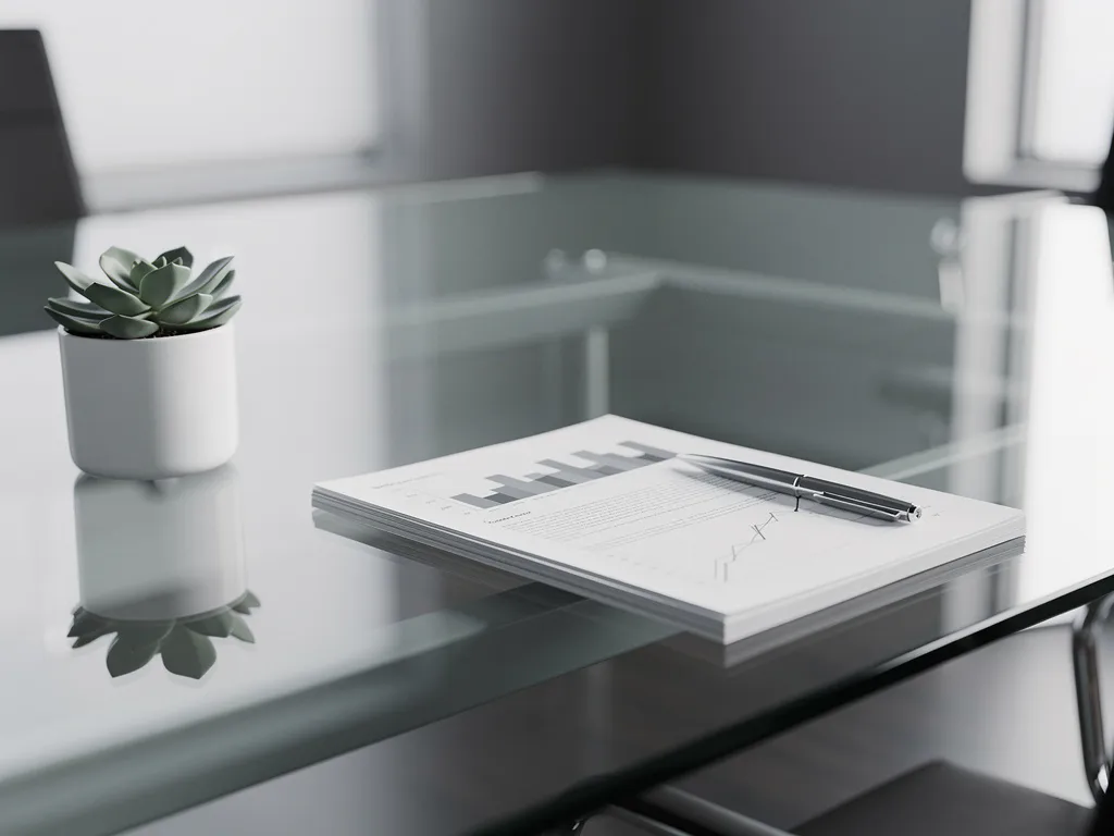 Glazen vergadertafel met georganiseerde financiële documenten, zilveren pen en kleine vetplant, gefotografeerd vanuit lage hoek