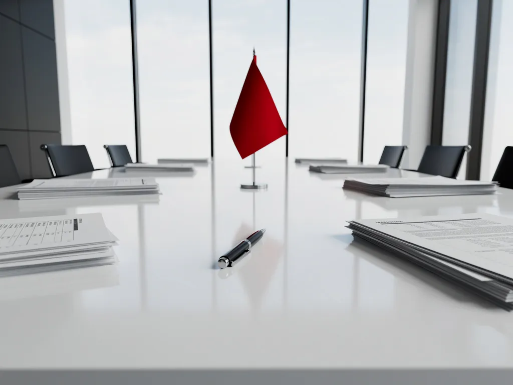Rode waarschuwingsvlag op witte vergadertafel omringd door financiële documenten en zwarte pen in moderne boardroom