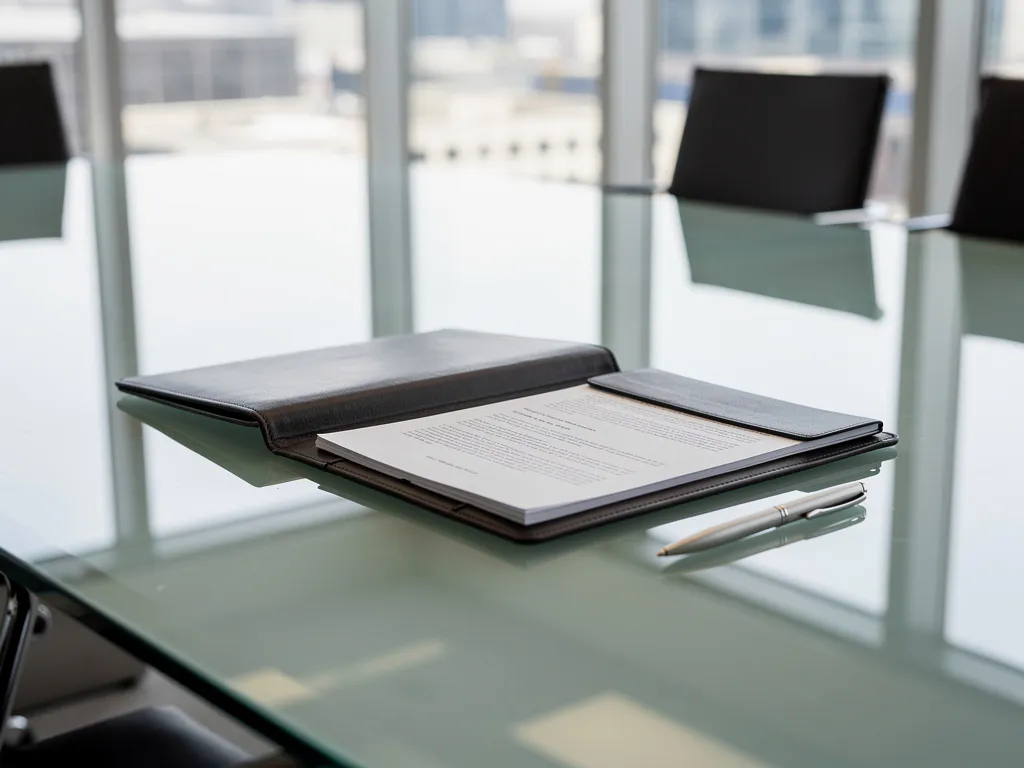 Glazen vergadertafel met open leren portfolio vol financiële documenten en zilveren pen, natuurlijk licht door ramen