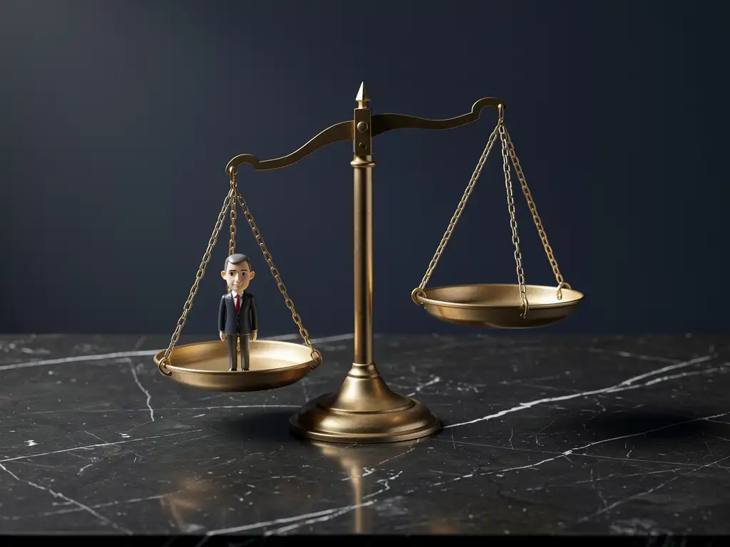 Antieke weegschaal in balans met miniatuur zakenman in pak op donker marmeren oppervlak, gouden en ivoren tinten.
