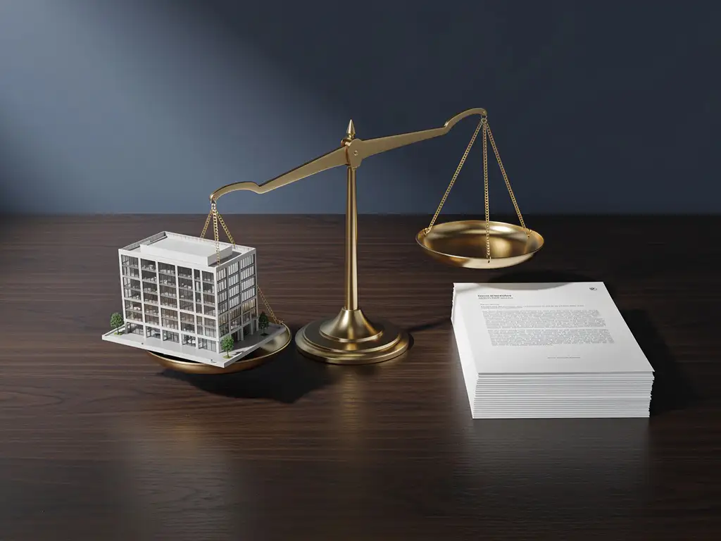 Messing balansweegschaal met miniatuur bedrijfsgebouw en financiële documenten op walnoten bureau.