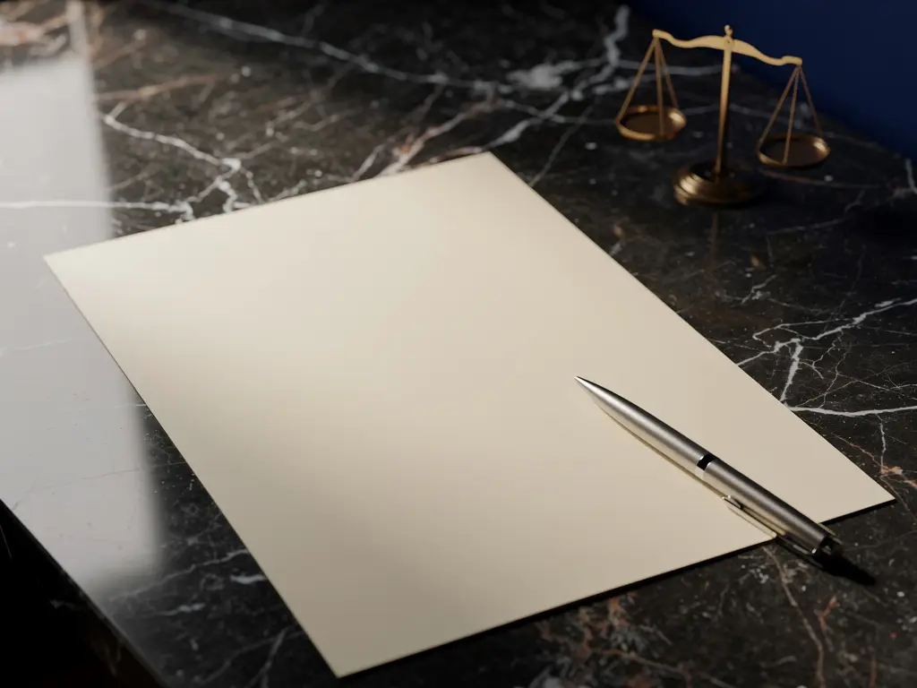 Formeel contract op donker marmeren bureau met zilveren pen en gouden weegschaal van Justitia op de achtergrond.
