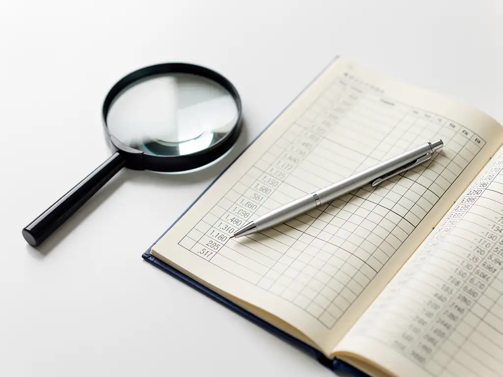 Vergrootglas op financieel grootboek met zilverkleurige pen, minimalistische bureauopstelling in marineblauw en ivoor.