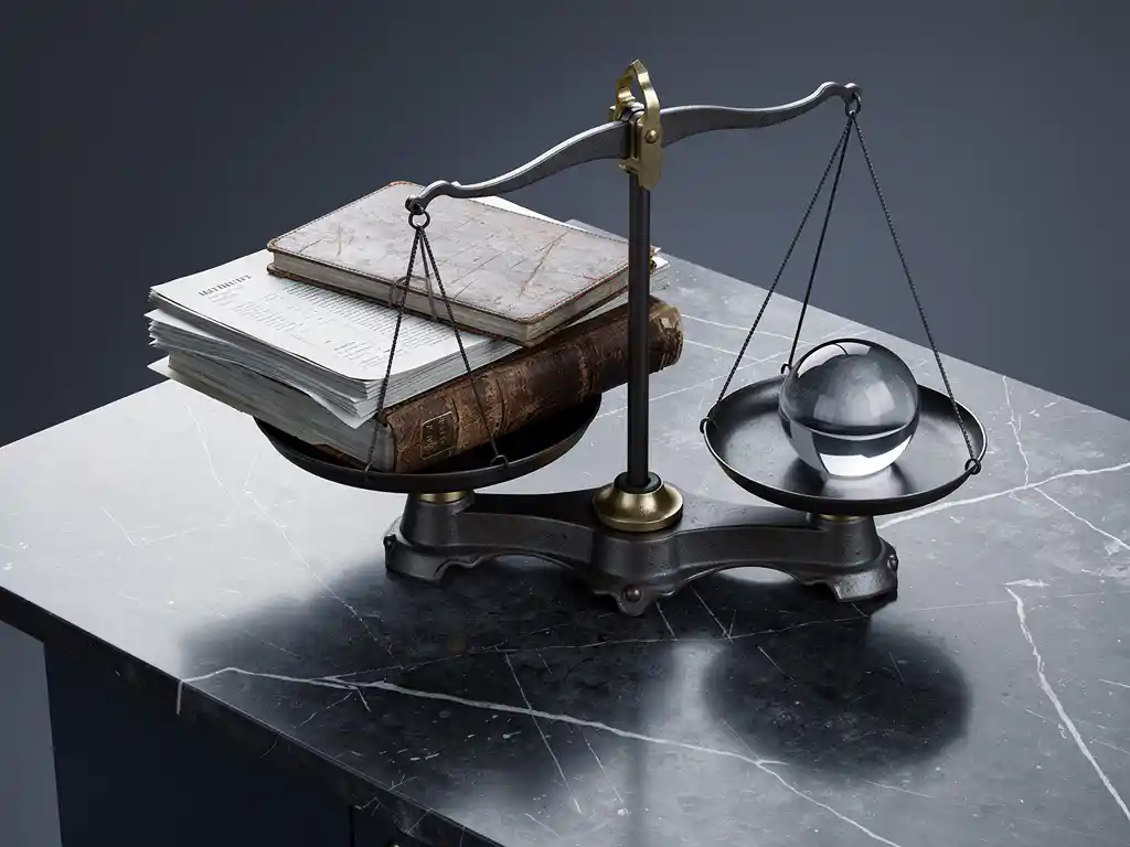 Ijzeren weegschaal op marmeren bureau met financiële documenten en leren grootboek tegenover glazen presse-papier, zakelijke minimalistische compositie.