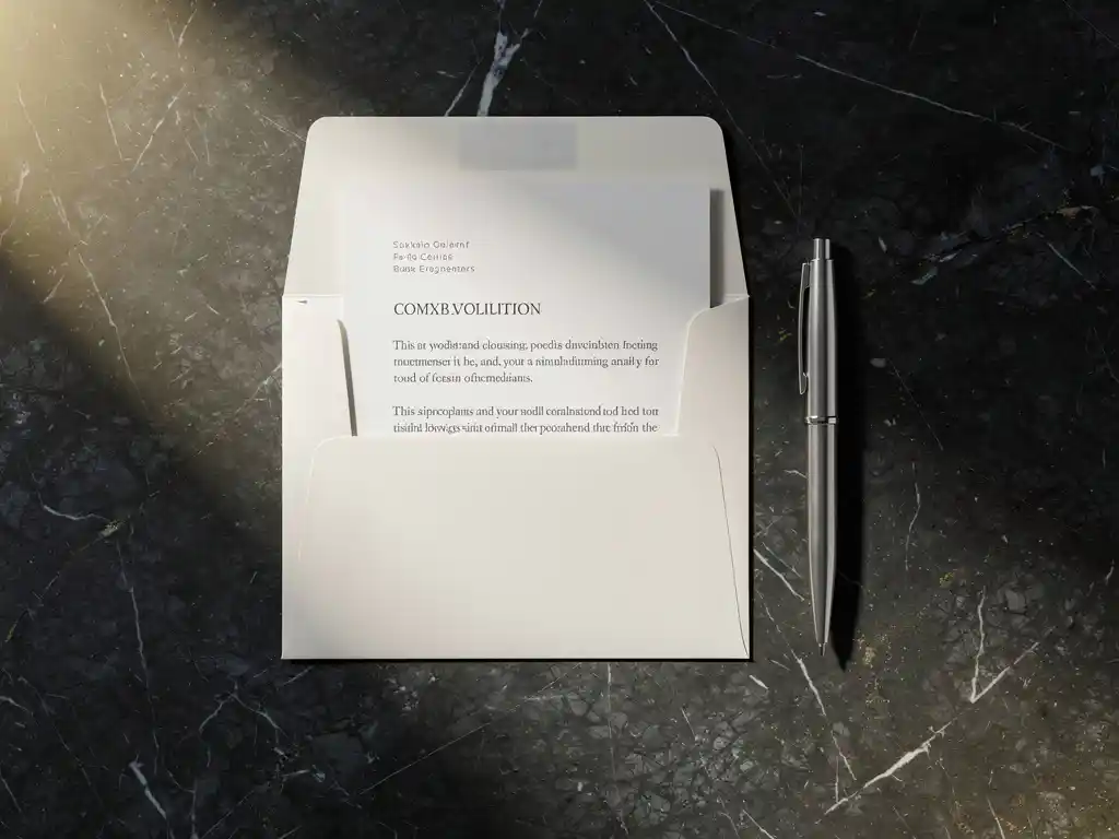 Wit ongeopend envelop met gevouwen document op donker marmeren bureau, zilveren pen ernaast, minimalistische bovenaanzicht compositie.
